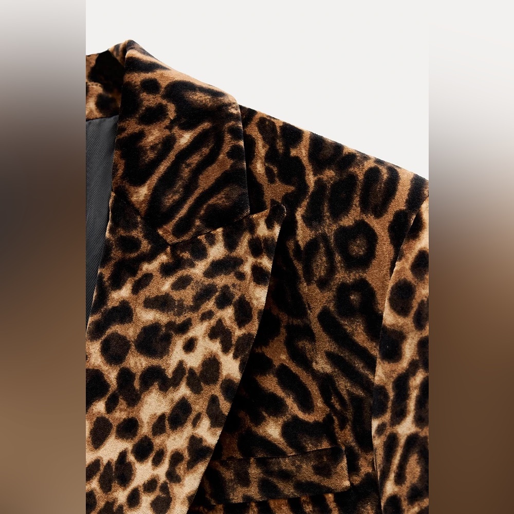 Zara brown blazer animal print velvet velour cheetah leopard suit jacket - Picture 12 of 15